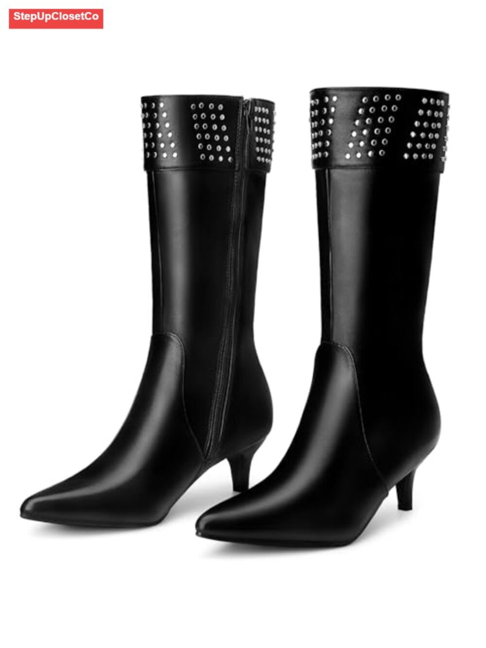 Faux Leather Pointed Toe Kitten Heel Knee High Boots Zip Up